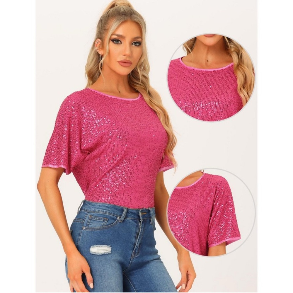 Allegra K Pink Sequin Short Sleeve Top - Picture 2 of 5